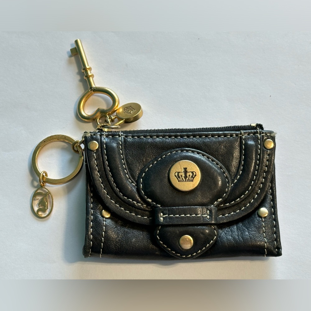 Juicy Couture Vintage Black Leather Keychain Charm Coin Purse Gold Accents - Picture 2 of 13